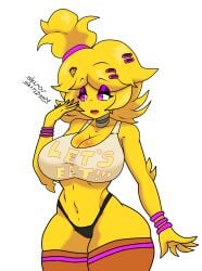 1girls 2022 artist_signature bracelet cally3d chica_(cally3d) chica_(fnaf) chiku chiku_(cryptia) clazzey cleavage cryptiacurves curvy eyebrows_visible_through_hair fazclaire's_nightclub female female_only five_nights_at_freddy's fnaf fredina's_nightclub glistening_body hourglass_figure open_mouth pink_eyes scottgames seductive seductive_look shirou_shirigamy source_request text_on_clothing thick_thighs thighhighs voluptuous white_background wide_hips wristband yellow_fur