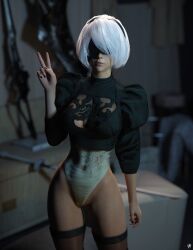 1girls 3d black_blindfold blindfold blindfolded clothed clothing depth_of_field fanart female female_only gray_hair grey_hair looking_at_viewer nier:_automata peace_sign short_hair slushe_(website) solo solo_female standing tagme thighhighs white_hair yorha_2b yunogasai