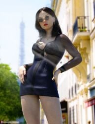 1girls 3d black_hair black_nail_polish black_nails city_background cute depth_of_field dress earrings fanart female female_only glasses hand_on_hip hoop_earrings large_breasts lipstick long_hair outdoor outdoors outside public see-through see-through_clothing slushe_(website) solo solo_female standing yunogasai