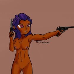 alternate_version_at_source belly_button breasts casual dark-skinned_female dark_skin enter_the_gungeon female firearm freckles gun hair handgun holding_gun human nipples nude purple_hair pussy revolver the_hunter_(enter_the_gungeon) weapon