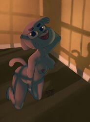 anthro breasts cartoon_network domestic_cat felid feline felis female hi_res kneeling looking_at_viewer mammal mature_female nicole_watterson nude shadow smile solo the_amazing_world_of_gumball tvma