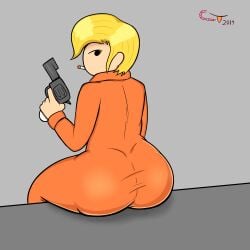 big_ass blonde_hair candy_tooth cigarette cigarette_in_mouth clothing enter_the_gungeon female firearm gun handgun holding_gun jumpsuit light_skin mob_face orange_jumpsuit revolver sitting tagme the_convict_(enter_the_gungeon) weapon