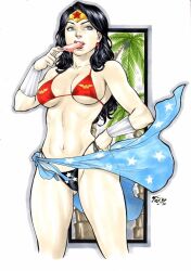 1girls 2016 bikini black_hair blue_eyes breasts clothed clothed_female clothes clothing dark_hair dc dc_comics diana_prince earrings ed_benes_studio female female_only fred_benes long_hair popsicle revealing_clothes side-tie_bikini solo solo_female star_earrings swimsuit tiara wonder_woman wonder_woman_(series)