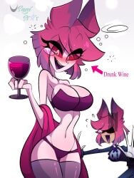 2girls alastor_(hazbin_hotel) almost_naked big_breasts bra breasts brown_skin drunk female female_alastor_(hazbin_hotel) female_only hazbin_hotel hourglass_figure multiple_girls pink_skin red_eyes red_hair rule_63 straight_hair swimsuit swimwear tagme usagi_star vivienne_medrano wide_hips wine wine_glass