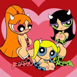 3girls abstract_background black_hair blonde_hair blossom_(powerpuff_girls) blue_eyes bubbles_(powerpuff_girls) buttercup_(powerpuff_girls) cartoon_network color cow_girl cow_horns cow_print edit embarrassed female_only green_eyes lactation looking_at_viewer pink_eyes powerpuff_girls red_hair seductive_look silvercoconut