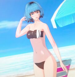 1girls 3d 3d_(artwork) beach blue_eyes blue_hair blush_makeup bob_cut ckyjelly curly_hair dutch_angle female female_only freckles gris_(character) gris_(game) gris_swimsuit koikatsu meme pose posing self_upload skinny smiling smiling_at_viewer standing summer swimsuit