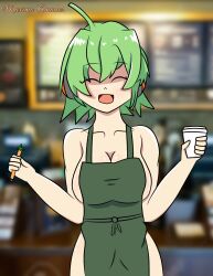 apron breasts coffee fl_chan fl_studio green_hair iced_latte_with_breast_milk starbucks