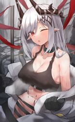 ;o arknights bangs bare_shoulders black_gloves breasts collar collarbone covered_nipples earrings eyebrows_visible_through_hair female female gloves groin hammer highres horns infection_monitor_(arknights) jewelry large_breasts long_hair long_sleeves looking_at_viewer mudrock_(arknights) navel no_panties one_eye_closed open_clothes open_mouth oripathy_lesion_(arknights) red_eyes rock signature silver_hair solo sports_bra steaming_body sweat undressing very_long_hair wet z.m._(school913102)