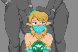 1boy 2futas balls big_penis blonde_hair blue_eyes blush breath_of_the_wild clothed clothing colored colored_edit crossdressing dross edit femboy futa_on_femboy futa_on_male futadom futanari gerudo gerudo_link girly humanoid humanoid_penis hylian imminent_oral imminent_sex jewelry light-skinned_male light_skin link male male_focus naughty_face nintendo nude pale-skinned_male penis penis_on_head qumer standing steamy_breath surrounded_by_penises the_legend_of_zelda veil worried_expression