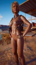 3d astromons bottomless casual cyberpunk_2077 dark-skinned_female dark_skin exhibitionism female footwear handwear harness holster human mostly_nude naked neckwear nude nude_female t-bug_(cyberpunk_2077) tactical_nudity