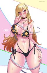 1girls bikini blonde_hair blush choker darkereve ear_piercing earrings female female_only hi_res kitagawa_marin long_hair looking_at_viewer measuring_tape red_eyes red_highlights smiling smiling_at_viewer solo solo_female sono_bisque_doll_wa_koi_wo_suru teeth_showing thick_thighs wide_hips