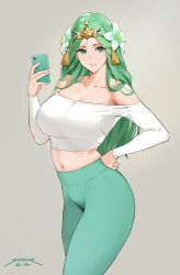 1girls bangs bare_shoulders blush breasts cellphone circlet cleavage collarbone commentary contemporary crop_top english_commentary female female_only fire_emblem fire_emblem:_three_houses flower green_eyes green_hair green_pants hair_flower hair_ornament high-waist_pants highres large_breasts long_green_hair long_hair long_sleeves looking_at_viewer midriff navel nintendo off-shoulder_shirt off_shoulder pants parted_bangs phone rhea_(fire_emblem) selfie sendrawz shirt smile solo thighs white_nails white_shirt yoga_pants