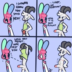 4_panel_comic anthro balls blue_body blue_fur bottomless bottomless_anthro bottomless_male bovid caprine cheek_tuft chest_tuft chibi clothed clothing curled_horns duo erection erection_under_clothing facial_tuft fur genitals goat green_body green_fur half-closed_eyes hi_res horn humor lagomorph leporid male male/male mammal narrowed_eyes penis pink_body pink_fur rabbit the_xing1 tuft undressing white_body white_fur xing_(the_xing1)