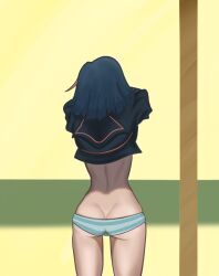 1girls ass_cleavage black_hair blue_and_white_striped_panties butt_crack canon_panties jrodtwitch kamui_(kill_la_kill) kill_la_kill matoi_ryuuko meme panties red_highlights ryukoredraw shimapan striped_panties underwear undressing