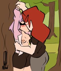 2girls bella_(nova) breasts breasts_out female forest forest_background joanna_nsfw_artz kissing long_eyelashes multiple_girls nat_(riteliso) open_shirt pinned pinned_to_wall public public_nudity purple_hair red_hair shorts tree