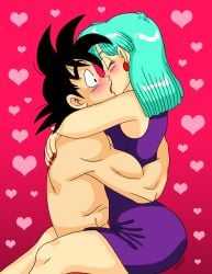 1boy 1girls alien_human alien_look_like_human aqua_hair ass big_ass breasts bulma_briefs curvy_milf dark_hair dragon_ball dragon_ball_(classic) extraterrestrial extraterrestrial_human goku kissing male/female milf momo81 passionate saiyan shirtless son_goku straddling