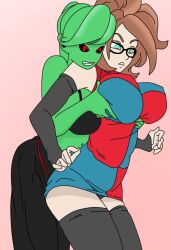 2girls android_21 android_21_(human) breasts diyunk dragon_ball dragon_ball_fighterz dragon_ball_xenoverse esmeralda_demon female_majin glasses green_skin grin large_breasts majin monster_girl multiple_girls original_character red_eyes vomi_(dragon_ball) yuri