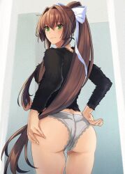 1girls 3rd_party_edit ass_focus big_ass big_butt black_sweater breasts brown_hair clothed doki_doki_literature_club edit female female_only green_eyes hairbow hand_on_hip long_hair looking_at_viewer monika_(doki_doki_literature_club) panties ponytail skchkko smiling smiling_at_viewer thick_thighs thighs underwear white_bow