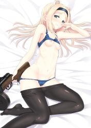 1girls a9b_(louis814) absurdres aleksandra_i_pokryshkin animal_ears bangs bear_girl black_legwear blonde_hair blue_bra blue_eyes blue_panties blush bra bra_lift brave_witches breasts closed_mouth clothes_pull colored commentary_request female female_only gun hairband hand_to_own_mouth highres light_skin long_hair lying nipples on_side only_female panties pantyhose pantyhose_pull parted_bangs photoshop_(medium) side-tie_panties sidelocks small_breasts smile solo solo_female sports_bra strike_witches submachine_gun underwear world_witches_series