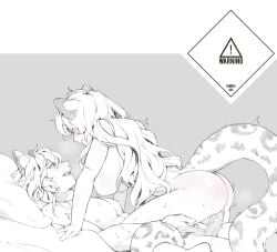 1boy absurdres animal_ears arknights blush breasts brother_and_sister cowgirl_position erection eye_contact female greyscale highres incest large_breasts leopard_boy leopard_ears leopard_girl leopard_tail long_hair looking_at_another lying male_pubic_hair monochrome nipples open_mouth penis pramanix_(arknights) pubic_hair sex shenshi_mao siblings silverash_(arknights) spot_color straight sweat tail trembling vaginal_penetration very_long_hair