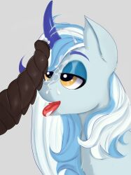 absurd_res ambiguous_gender blue_hair blue_horn bodily_fluids cum cum_in_hair cum_in_mouth cum_inside cum_on_face equid equine fan_character feral genital_fluids genitals grey_background grey_body hair hasbro hi_res horn knochka male mammal multicolored_hair my_little_pony offscreen_character penile penile_spines penis penis_worship saphir_glitzern simple_background unicorn white_hair yellow_eyes