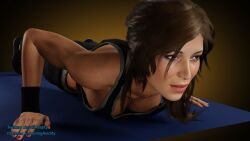 1girls 3d athletic athletic_female cleavage down_blouse female female_only fitness lara_croft lara_croft_(survivor) solo tomb_raider tomb_raider_(survivor) unveilingavidity workout