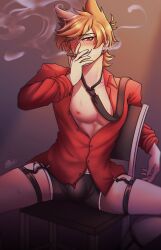 1boy abs blushing breasts brown_hair cigar eddsworld evilbacon gay heart-shaped_pupils legs male male_only shirt_unbuttoned sitting smoking sweat tie tord_(eddsworld)