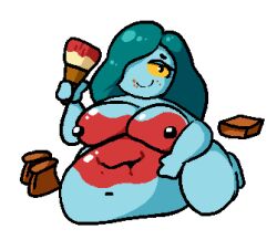 anthro belly blobulon blue_hair blue_skin bodypaint breasts chubbicherub chubby chubby_female collaboration enter_the_gungeon female hair idioticmuffin junk nipples nude paint paintbrush smile synergrace tagme yellow_sclera