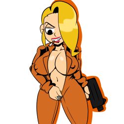 blonde_hair breasts cigarette cigarette_in_mouth enter_the_gungeon female gun holding_gun holding_weapon iggy-bomb jumpsuit large_breasts nipples_visible_through_clothing no_underwear open_jumpsuit orange_jumpsuit pubic_hair red_lipstick teeth the_convict_(enter_the_gungeon) uzi zipper zipper_down