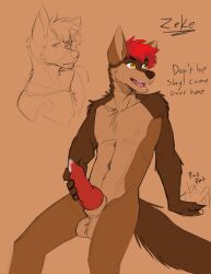 absurd_res animal_genitalia animal_penis anthro balls bodily_fluids brown_background brown_body brown_fur canid canine canine_penis canis chest_tuft countershading cum dialogue english_text erect fur genital_fluids genitals hair hand_on_own_penis hi_res holding_own_penis humanoid_hands inviting kinsedlives knot male mammal motion_lines navel open_mouth penis red_hair sheath shoulder_tuft simple_background sketch solo sound_effects tan_body tan_countershading text tongue tongue_out tuft wolf yellow_eyes