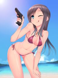 1girls ;q a9b_(louis814) absurdres beach bikini blue_eyes breasts brown_hair cleavage colored commentary_request eyebrows_visible_through_hair federica_n_doglio female female_focus female_only female_solo gun handgun highres holding_weapon italian italian_flag italy leaning_forward light-skinned light-skinned_female light_skin long_hair looking_at_viewer medium_breasts national_personification navel one_eye_closed outdoors photoshop_(medium) pistol red_bikini solo solo_female southern_european strike_witches swimsuit swimwear tongue tongue_out trigger_discipline two_piece_swimsuit weapon wink winking world_witches_series