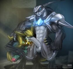 2022 4_fingers abs armor balls big_penis blue_eyes bodily_fluids crouching cum cum_in_mouth cum_inside digitigrade duo erection fingers foreskin genital_fluids genitals glowing glowing_eyes hi_res humanoid humanoid_genitalia humanoid_penis jak_and_daxter leaking_cum male male/male male_only metal_head_(jak_and_daxter) muscular muscular_male naughty_dog penis precum sony_corporation sony_interactive_entertainment stroking_penis todex unconvincing_armor vein veiny_penis video_games watermark yellow_eyes