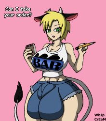 1futa 2d 2d_(artwork) artist_name balls blonde_futa blonde_hair breasts bulge bulge_through_clothing bulge_under_clothes cleavage cow_ears cow_tail crop_top dickgirl futa_only futanari green_eyes huge_breasts huge_cock massive_balls notepad pen penis short_shorts tagme text waitress whipcream50