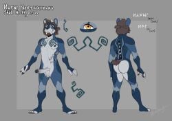 anthro ass badger balls baraking blue_body blue_fur brown_hair erection foreskin fur genitals hair humanoid_genitalia humanoid_penis male mammal model_sheet mustelid musteline nipples nude penis skoll_hrothgarson