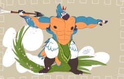 2022 abs absurd_res aiming anthro armpit_hair avian barazoku beak biceps big_bulge big_muscles bird body_hair breath_of_the_wild bulge clothing detailed_bulge feathers grey_background hi_res holding_object holding_weapon huge_bulge huge_muscles hyper hyper_bulge kass_(tloz) kass_(zelda) male male_only melee_weapon muscular muscular_anthro muscular_male navel nintendo nipples non-mammal_nipples obliques pecs polearm rito simple_background solo solo_male spacebrute spear standing the_legend_of_zelda thong underwear vein video_games weapon