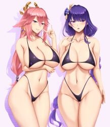 2022 2girls akitsuki_karasu animal_ears bangs blush breasts cowboy_shot duo duo_focus female female_only fox_ears genshin_impact highres large_breasts long_hair looking_at_viewer mole mole_under_eye multiple_girls pink_hair purple_eyes purple_hair raiden_shogun sidelocks thighs very_long_hair yae_miko