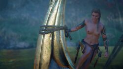 1girls 3d 3d_(artwork) assassin's_creed_(series) assassin's_creed_valhalla blonde_hair braided_hair braided_ponytail breasts eivor_varinsdottir legs muscular_female naked nipples nude_female outdoor_nudity outdoors public_nudity ship tattoos travel trissciri viking water weapons