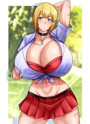 1girls aqua_eyes armpits blonde_hair breasts choker cleavage female gundam gundam_00 huge_breasts louise_halevy microskirt miniskirt nakatomo navel necklace red_microskirt red_miniskirt scar shirt short_hair skirt solo tied_shirt voluptuous