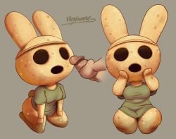 2022 animal_crossing anthro bottomless bottomless_anthro bottomless_female breasts clothed clothing coco_(animal_crossing) disembodied_hand disembodied_penis duo empty_eyes erection female female_focus genitals gyroid hand_on_face hexanne hi_res kneeling lagomorph leporid male male/female mammal nintendo penis rabbit solo_focus tan_body video_games