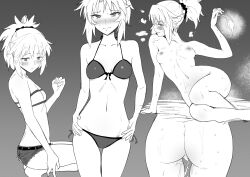 ass bangs bikini blush breasts closed_mouth completely_nude condom cum cumdrip denim eyebrows_visible_through_hair fate/apocrypha fate_(series) female greyscale hair_ornament hair_scrunchie hands_on_hips heart highres holding holding_condom leaning_to_the_side legs_apart monochrome mordred_(fate) multiple_views navel nipples nude ponytail profile scrunchie short_shorts shorts side-tie_bikini small_breasts standing stomach sweat swimsuit used_condom val_(escc4347)