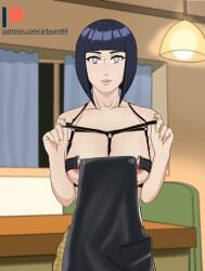 1girls almost_naked apron areola artyum99 bare_shoulders barely_clothed big_breasts blunt_bangs bob_cut boruto:_naruto_next_generations breasts eyelashes female female_only functionally_nude half-dressed hyuuga_hinata indoors lavender_eyes light-skinned_female light_skin living_room long_hair looking_at_viewer mature mature_female milf mostly_nude naked_apron naruto naruto_(series) nipple_slip nipples no_bra patreon_username pinup purple_hair revealing_clothes solo solo_focus standing straps topless url watermark web_address