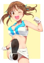 10s bad_id bad_twitter_id bare_shoulders blush breasts brown_eyes brown_hair cleavage crop_top female female_focus gloves hair_ribbon halo0002 idolmaster idolmaster_cinderella_girls inactive_account kicking large_breasts long_hair looking_at_viewer midriff miniskirt one_eye_closed open_mouth panties pantyshot pettan_p ribbon sailor_collar simple_background skirt smile solo standing totoki_airi twintails underwear white_gloves white_panties