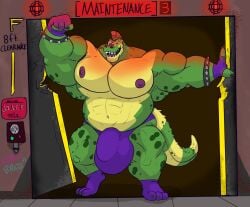 2021 abs absurd_res alligator alligatorid anthro barazoku biceps big_bulge big_muscles bracelet bulge claws clothing crocodilian detailed_bulge door english_text eyebrows eyewear fingerless_gloves five_nights_at_freddy's five_nights_at_freddy's:_security_breach flaccid flexing gay gloves handwear hi_res huge_bulge huge_muscles hyper hyper_bulge hyper_muscles inside jewelry male male_only mohawk montgomery_gator_(fnaf) muscular muscular_anthro muscular_male navel nipples non-mammal_nipples obliques open_mouth open_smile pecs reptile scalie scottgames smile solo spacebrute spiked_bracelet spikes standing sunglasses teeth text thong underwear vein video_games