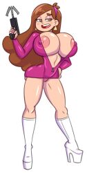 1girls alternate_breast_size bimbo breasts brown_eyes dark_hair disney disney_channel disney_xd fake_breasts female female_only grappling_hook gravity_falls half-closed_eyes high_heels huge_breasts looking_at_viewer mabel_pines mouth_open nipples samson_00 solo unzipped zipper_pull_tab