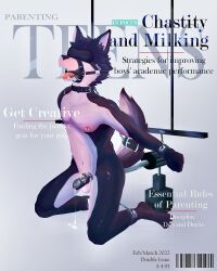 absurd_res anthro anthro_only balls blindfold bodily_fluids bondage bound canid canine canis chastity_cage chastity_device collar cover cuff_(restraint) cum cum_drip dripping english_text gag genital_fluids genitals grey_background handcuffs hi_res leaking_cum lock magazine magazine_cover male mammal metal_cuffs nipple_piercing nipple_ring nipples open_mouth padlock piercing restraints ring_gag simple_background solo spreader_bar text wolf wolftea42