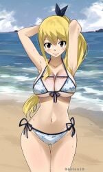 beach big_breasts bikini blonde_hair brown_eyes cleavage cute fairy_tail female female_only gaston18 lucy_heartfilia ponytail small_bikini smile solo white_bikini