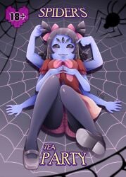 5_eyes 6_arms anthro arachnid blush blushing bow bowtie cute delucat english_text heart imminent_sex leggings muffet pigtails pink_bow pink_bowtie pointing pointing_at_self presenting purple_body red_shirt spider tagme text undertale web