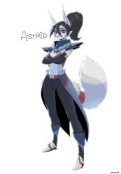 2019 anthro armor artist_name astrid_(oughta) black_hair black_pants breasts cleavage collar crossed_arms eyebrows eyelashes female female_focus female_only grey_body hairband looking_at_viewer original original_character oughta pink_nose purple_eyes red_hairband ribbon shoes shoulder_pads smiling smiling_at_viewer solo solo_female standing tagme tail_ribbon tail_ring white_background white_body