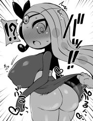 ass assisted_exposure big_breasts bodily_fluids breasts female hair hi_res humanoid katuu legendary_pokémon meloetta monochrome nintendo nipple_outline open_mouth pokémon_(species) pokemon pokemon_only simple_background solo sweat video_games