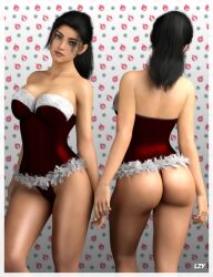 1girls 3d ass black_hair blue_eyes bubble_butt christmas christmas_outfit cleavage front_and_back huge_breasts lazygunns looking_at_viewer original original_character ponytail voluptuous